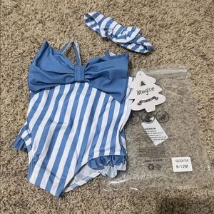 Blue and White Striped Baby Swimsuit with Bow